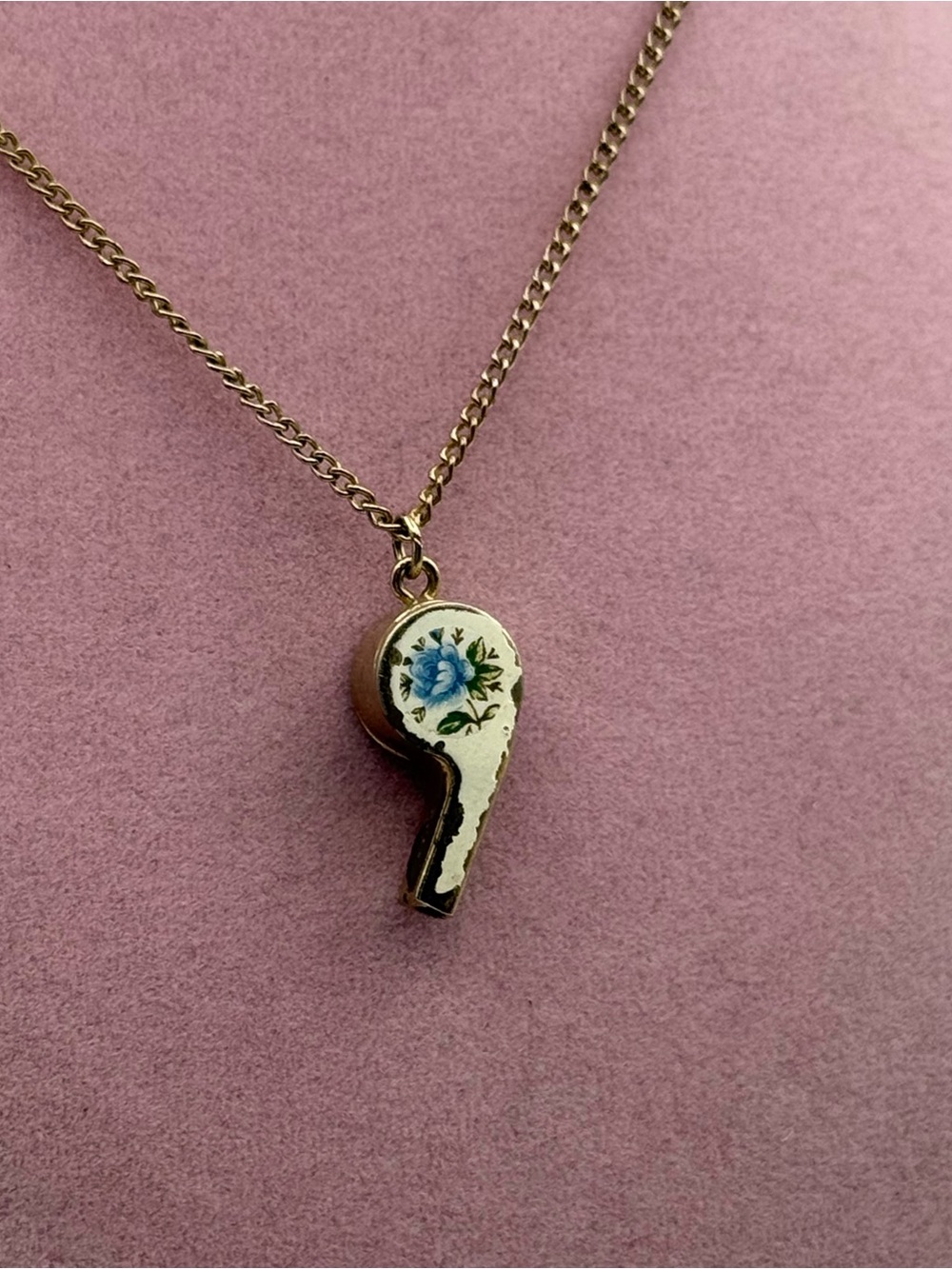 Vintage Floral Enamel Whistle Pendant Necklace - Gold Tone - Picture 2 of 4